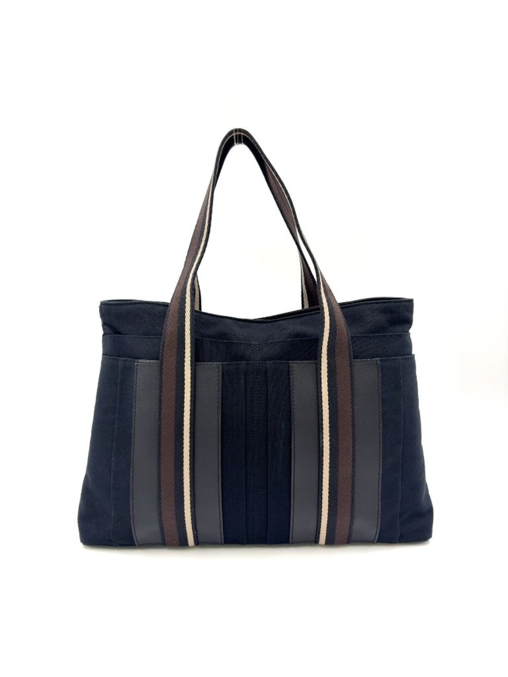 Hermes Troca Horizontal Leather Canvas Brown Black Beige Tote Bag Silver